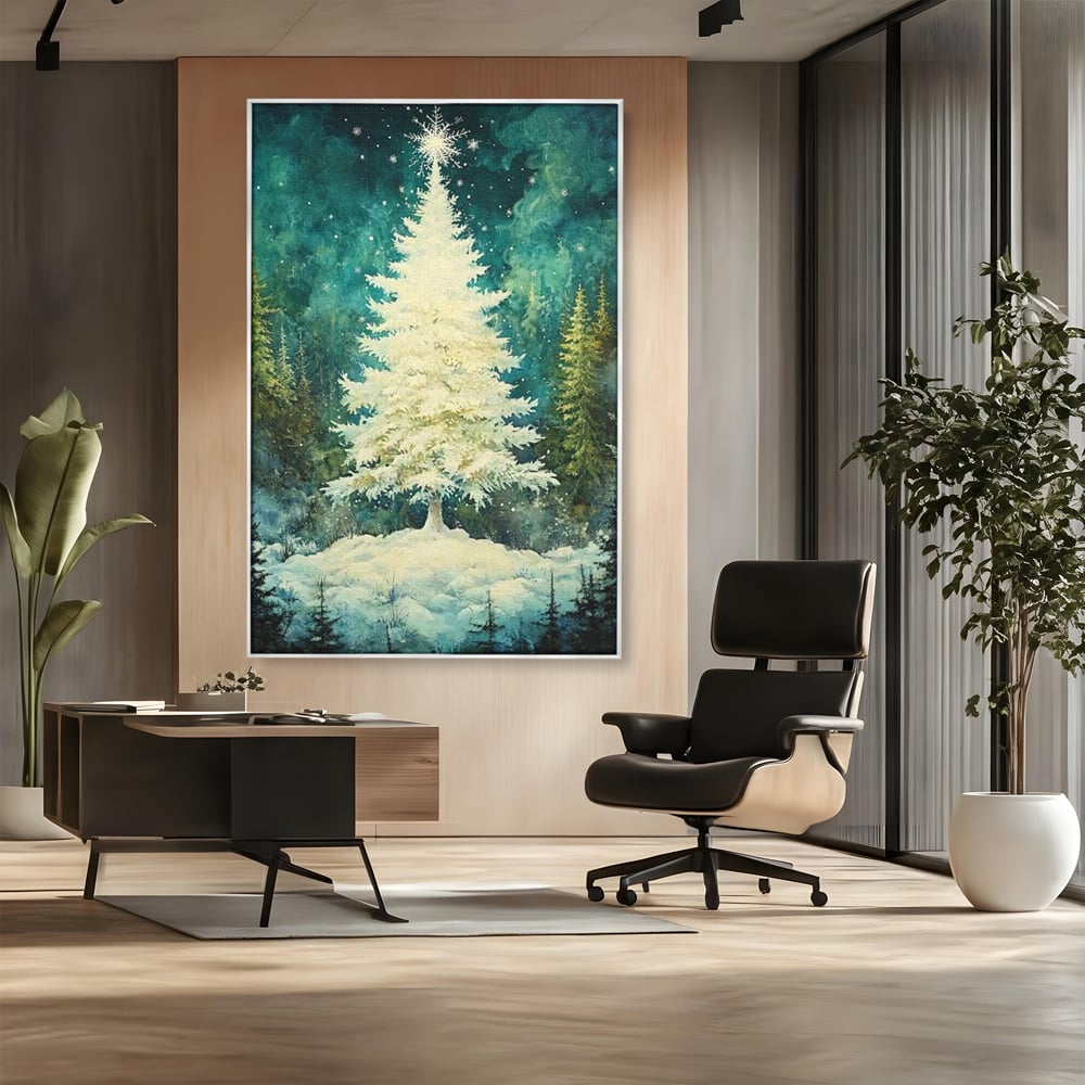 Tablou canvas cu pictura cu brad alb inzapezit, in rama de aluminiu argintiu, pe perete intr-un birou